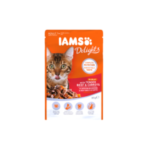 IAMS Delights nedves táp felnőtt macskáknak zsenge marhahússal és sárgarépával aszpikban.85G 