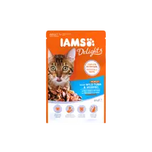 IAMS Delights nedves táp felnőtt macskáknak vörös tonhallal és heringgel aszpikban.85G