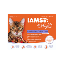 IAMS Delights szószos tengeri halas és húsos termékcsalád. 12x85G