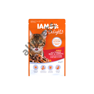 IAMS Delights nedves táp felnőtt macskáknak zsenge marhahússal és sárgarépával aszpikban.85G 
