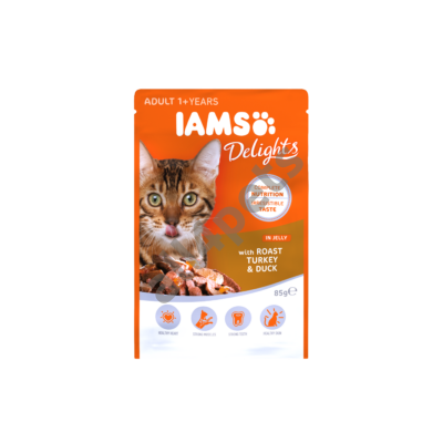 IAMS Delights nedves táp felnőtt macskáknak sült pulykával és kacsával aszpikban. 85G