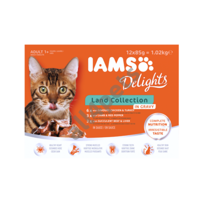 IAMS Delights macskaeledel ízletes csirkével és pulykával szószban. 12x85G