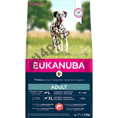 EUKANUBA  száraz kutyatáp nagy termetű felnőtt kutyák számára. Lazac,árpa 2,5kg