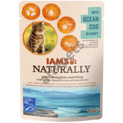 IAMS Naturally nedves táp  felnőtt macskáknak óceáni tőkehallal szaftban. 85G