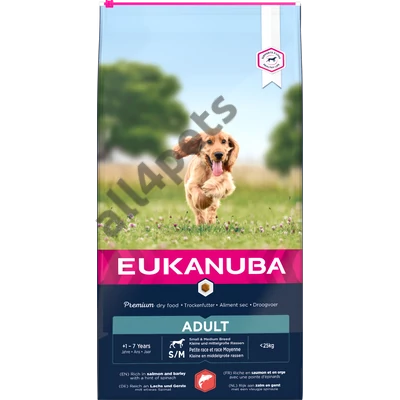EUKANUBA  száraz kutyatáp kis és közepes termetű felnőtt kutyák számára. Lazac,árpa 12kg