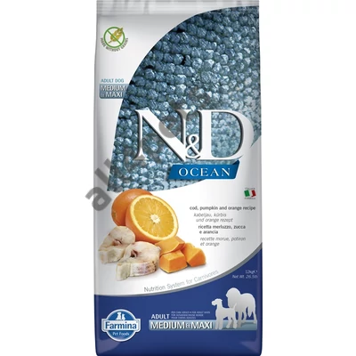 N&amp;D Dog Ocean tőkehal, sütőtök&amp;narancs adult medium/maxi 12kg